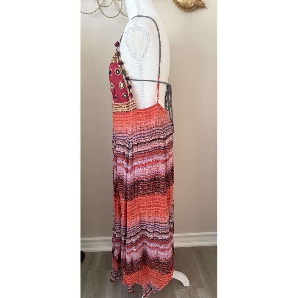 Free People Regina Midi Dress XS Boho Embroidered Mirror Pom Pom Open Back - Picture 4 of 9
